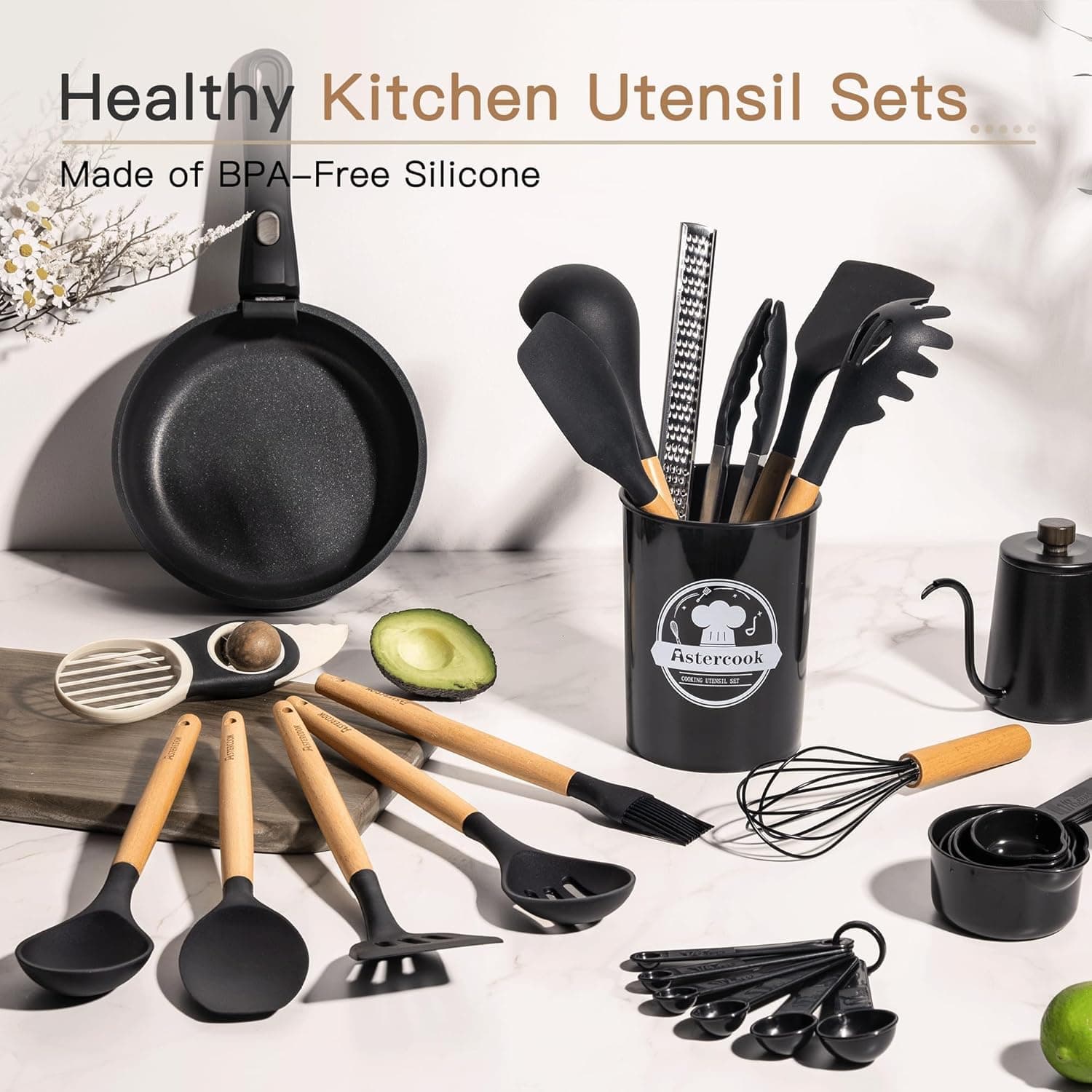 Kitchen Utensils Set- 44 Pcs Silicone Cooking Utensils Set for Nonstick Cookware-Silicone Spatulas Set, Stainless Steel Handle-Black Kitchen Gadgets Tools, Pots and Pans Accessories thumbnail 5