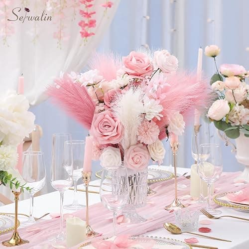Serwalin Pampas Grass Pink Decor 17.7 Inch 6pcs, Faux Pampas Grass Home Decor, Artificial Pampas Grass Blush Fake Pampas, Short Vase Room Christmas Decoration thumbnail 5
