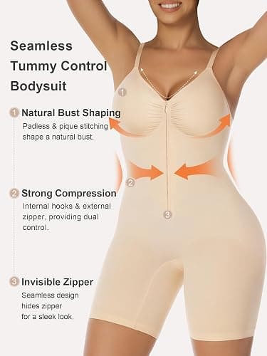 SHAPERX Women's Shapewear Bodysuit Tummy Control Seamless Zip-Up Body Shaper Waist Defining Silhouette thumbnail 3
