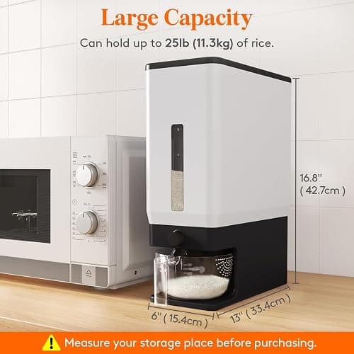Lifewit Rice Dispenser 25 Lbs, Airtight Storage with Measuring Cup, Black | BPA-Free 11.3kg Capacity Storage Container for Beans, Corn & Other Small Grains, One-Press Dispensing Bin for Kitchen Pantry thumbnail 2