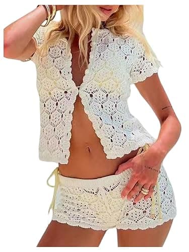 GORGLITTER Women's Crochet Short Sets Short Sleeve Button Down Cardigan Top and Shorts Vacation Outfits - Image 1