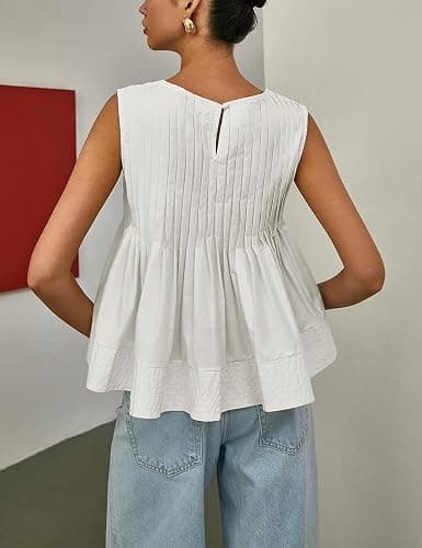 Megfie Womens Summer Pleated Peplum Sleeveless Blouse Tank Tops Round Neck Y2K Babydoll Blouse Shirt thumbnail 3