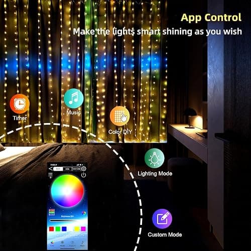 QINER LED Curtain Lights Indoor, 9.8 FT x 9.8 FT 300 LED with USB APP Control, Multiple Modes Selection, Smart Curtain Light for Bedroom,Halloween,Christmas, Wedding,Valentine's Day, Party thumbnail 3