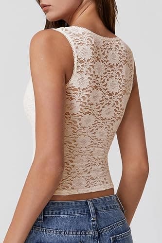 QINSEN Womens Lace Trim Square Neck Sleeveless Tank Tops Double-Layer Slim Fit T Shirt Crop Tops thumbnail 2