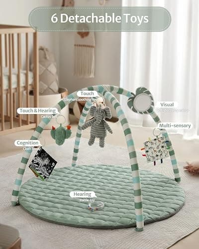 Blissful Diary Baby Play Gym Mat, Play Mat Activity Mat with 6 Detachable Toys for Stage-Based Sensory & Motor Skill Development, Easy to Install & Clean, Baby Essentials Gift, Sage Green thumbnail 4