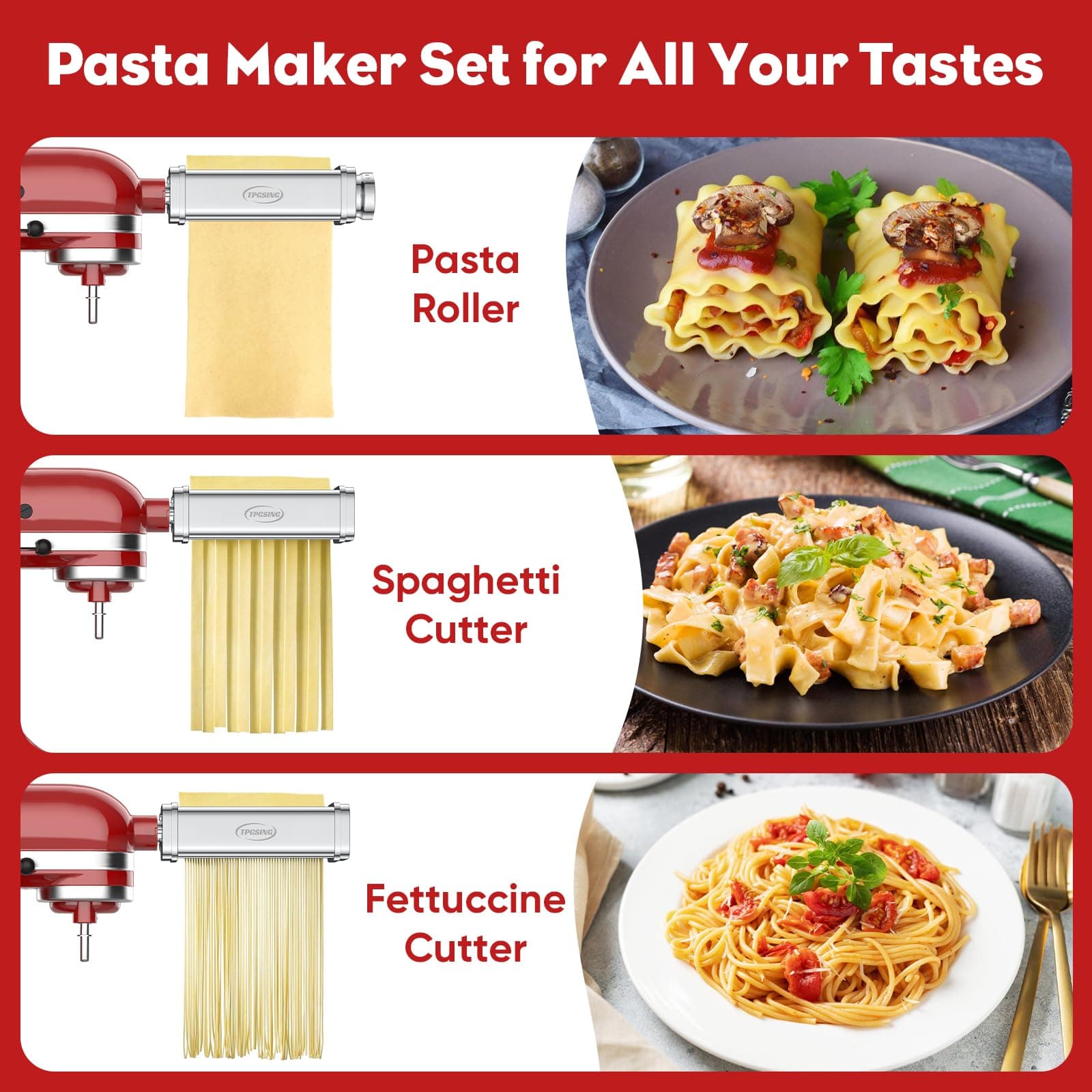 Pasta Attachment for Kitchen Aid Stand Mixer Included Spaghetti Cutter, Pasta Sheet Roller and Fettuccine Cutter, 3PCS Stainless Steel Pasta Maker Attachment by TPGSING thumbnail 2