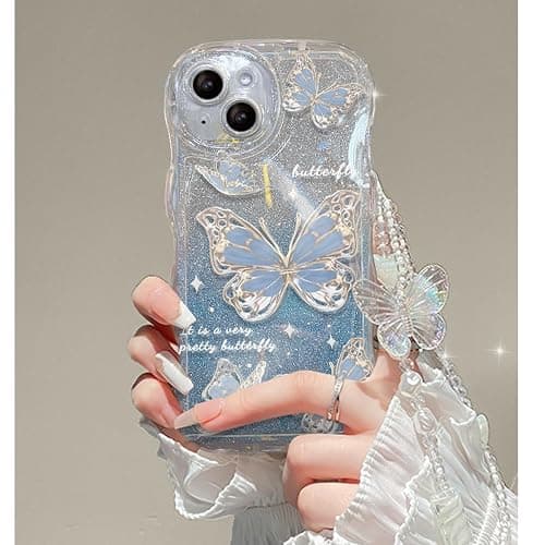 Cutecasee Compatible with iPhone 14 Case for Women/Girls, Cute Butterfly Glitter Bling with Bracelets Anti-Scratch Shockproof Case for iPhone 14, Blue with Bracelets thumbnail 7