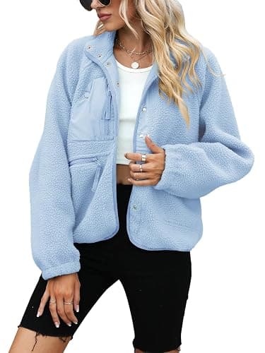 Yanekop Womens Fleece Jacket Fuzzy Long Sleeve Short Winter Coats Button Down Sherpa Jacket Outerwear with Pockets thumbnail 2