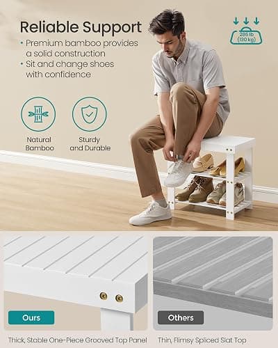 SONGMICS Shoe Rack Bench, 3-Tier Bamboo Shoe Storage Organizer, Entryway Bench, Holds Up to 286 lb, 11.3 x 19.7 x 17.8 Inches, for Entryway Bathroom Bedroom, Cloud White ULBS001W01 thumbnail 4