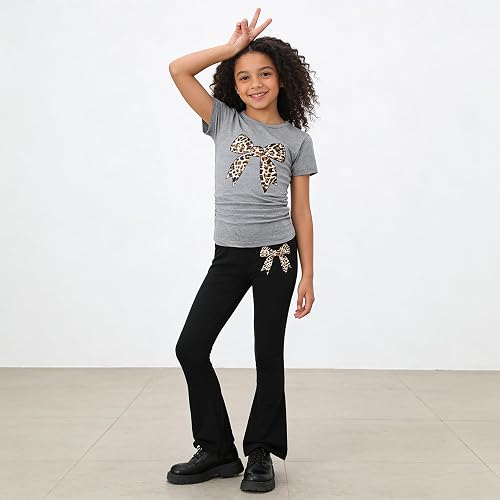 Togrielan Girls' Summer 2-Piece Outfit Set Bow-Embellished Short-Sleeve Top + Flared Pants Size 8-13 Years Old thumbnail 2