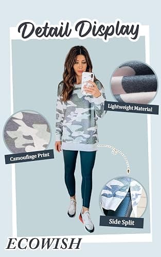 ECOWISH Women Side Split Sweatshirt: Fall Crewneck Long Sleeve Oversized Camo Shirts Casual Camouflage Print Pullover Tops thumbnail 5