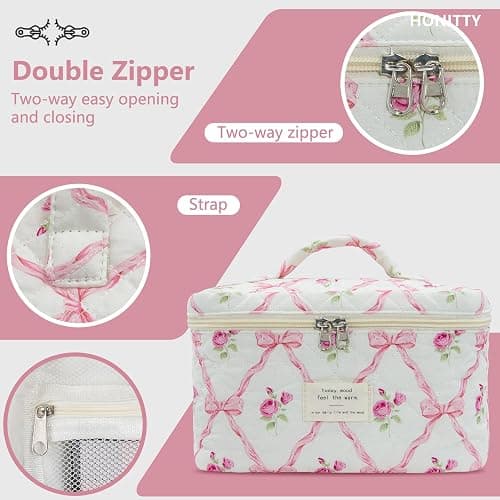 honitty Makeup Bag,Quilted Cosmetic Bag,Large Floral Make Up Bag for Women,Cotton Makeup Bag Set,Flower Travel Toiletry Bag thumbnail 4