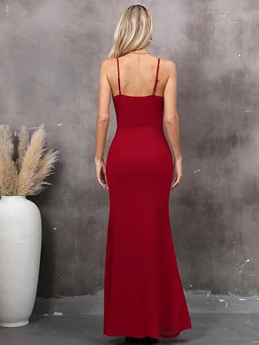 Missufe Robe de soirée pour femme - Robe de soirée - Robe portefeuille - Bretelles spaghetti - Sans manches - Fente - Robe de cocktail - Maxi longue - Robe de bal de mariage thumbnail 5