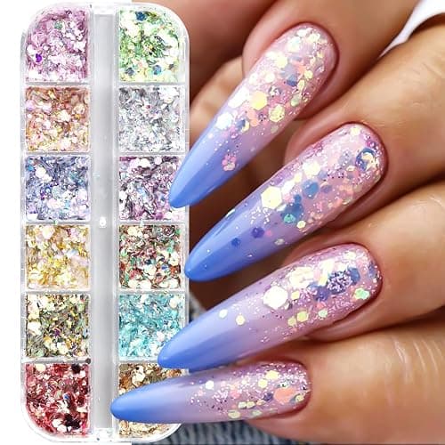 2 Boxes 24 Colors Holographic Nail Glitter Sequins 3D Iridescent Flakes Chunky Glitter Paillettes Design Mermaid Nail Flake Shiny Glitters Powder Chameleon Slices Decor for Manicure DIY Accessories thumbnail 4