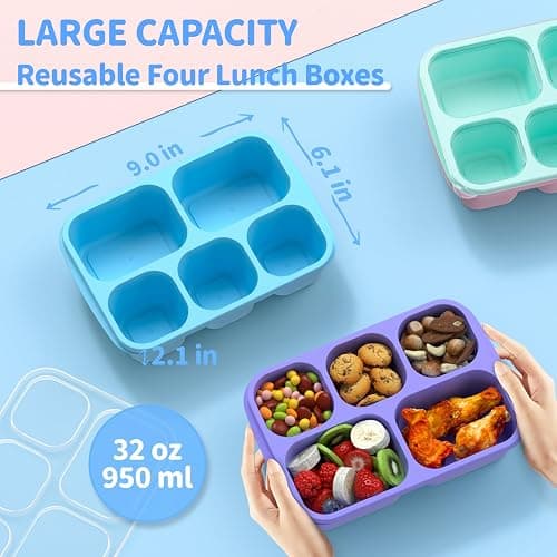 Bento Box Adult Lunch Box - 4 Pack, 5 - Compartment Meal Prep Container for Kids, Reusable Food Storage Snack Containers - Stackable for School, Work, and Travel (PP(Blue/Pink/Green/Purple)) thumbnail 3