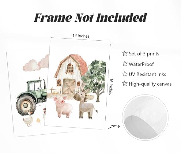 Nursery Farm Animal Wall Art Decor Baby Animal Canvas Prints Nursery Kids Farmhouse Poster Farm Cow Pig Pictures Wall Decor Green Tractor Painting Artwork for Children Bedroom 12x16 Inch Unframed 3Pcs thumbnail 2