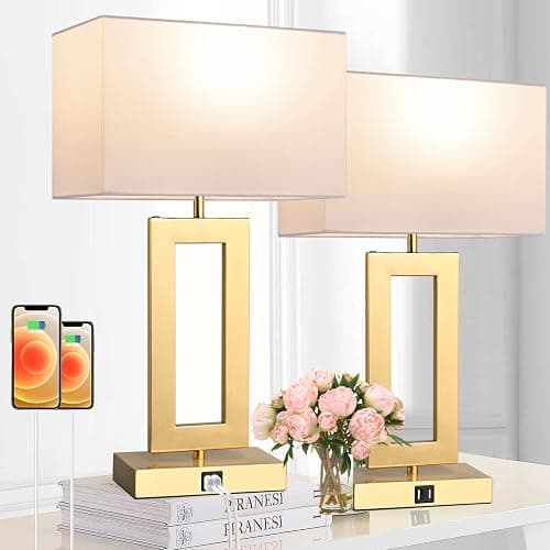 BrightWe 22’’ Set of 2 Touch Control Table Lamps w. 2 USB Ports, 3-Way Dimmable Bedroom Bedside Nightstand Touch Lamps, Modern Gold&White Lamps for Living Room End Table, LED Bulbs Included - Image 1