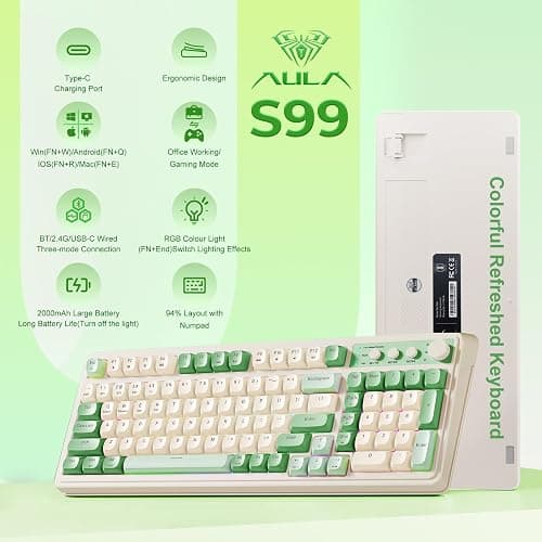 AULA S99 Gaming Keyboard, Wireless Computer Keyboards, Tri-Mode Bluetooth/2.4GHz/USB-C Custom Creamy Keyboard with Number Pad, RGB Backlit Media Knob Cute Programmable Keyboard for PC Gamer - Green thumbnail 2