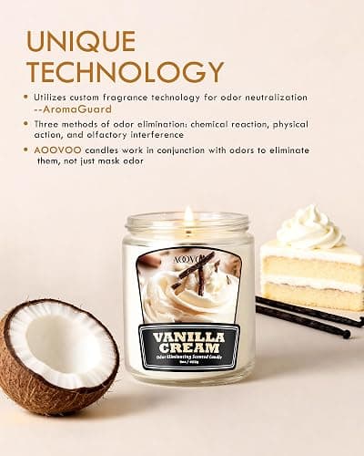 AOOVOO Vanilla Cream Odor Eliminating Candle - 9 oz Non Toxic Highly Fragranced Air Freshing Soy Candle, Eliminates 95% of Smoke, Pet, Food, and Other Smells Quickly, Up to 50 Hours Burn time thumbnail 2