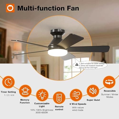 addlon Ceiling Fans with Lights, 42 Inch Low Profile Ceiling Fan with Light and Remote Control, Flush Mount, Reversible, 3CCT, Dimmable, Quiet, Black Small Ceiling Fan for Bedroom Indoor/Outdoor Use thumbnail 3