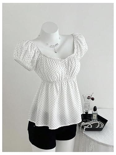Verdusa Women's Cute Babydoll Tops Polka Dots Flowy Going Out Outfits | Peplum Tops For Teen Girls, Summer Flowy Tops, Gingham Tops, Bubble Sleeve, Y2K Outfits thumbnail 2