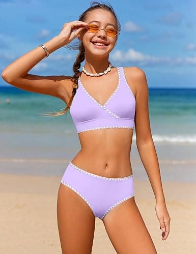 KANGKANG Girls Swimsuit Bikini Set Solid Color V-Neck Two Piece Bathing Suit with Chest Pad Adjustable Straps Swimwear 7-16T thumbnail 3