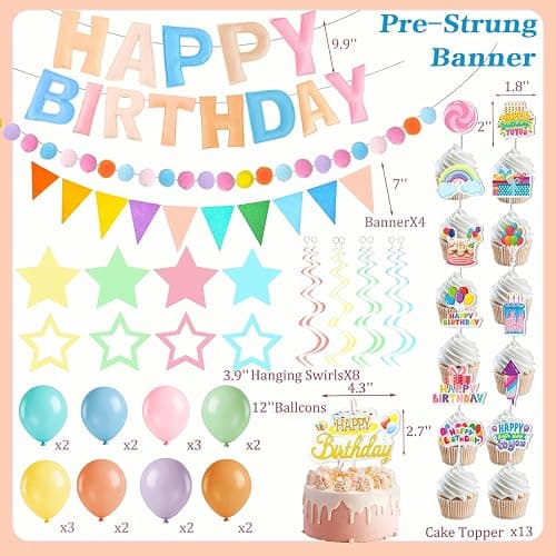 Pre-Strung 3D Felt Happy Birthday Banner Decorations, Macaron Color Birthday Decorations Felt Pom Pom Garland Triangle Fabric Banner Balloons Hanging Swirl Cake Toppers For Girls Boys Women Men Handmade Reusable Birthday Decorations Supplies thumbnail 3