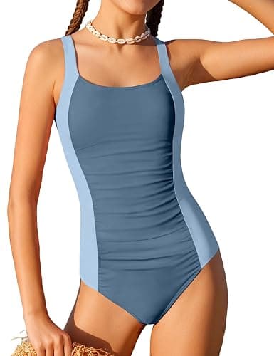 TyeSmo Girl Swimsuit One Piece Bathing Suit for Girls Solid Color Ruched Adjustable Straps Padded Swimwear 9-16y - Image 1