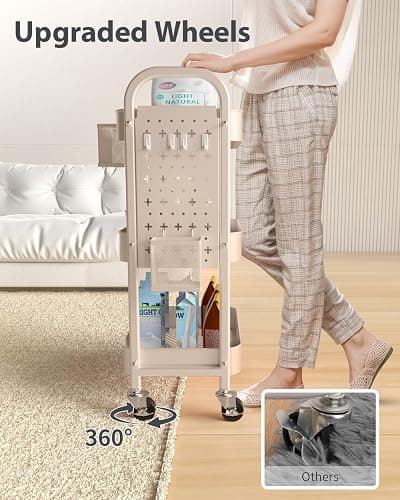 ALVOROG 3 Tier Rolling Cart with DIY Pegboards Metal Utility Cart with Wheels Handles Baskets Hooks, Craft Cart for Office Kitchen Bathroom(Khaki) thumbnail 5