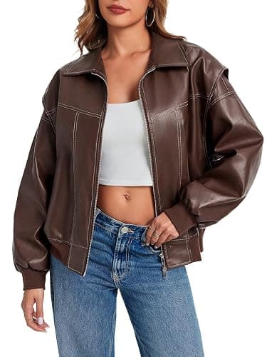 Tankaneo Womens Oversized Leather Bomber Jackets Cap Sleeve Zip Up Motorcycle Coats with Pockets thumbnail 2