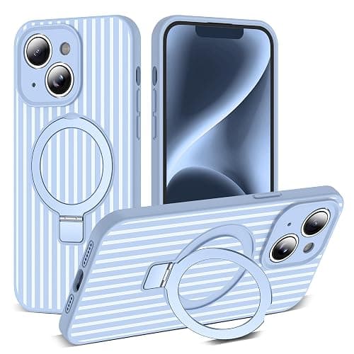 SKYLMW Striped Case for iPhone 14 Plus with Stand,6.7" Blue/White | Aesthetic Striped,Magnetic Stand,Compatible with Mag-Safe,Silicone 14 Plus Phone Case - Image 1