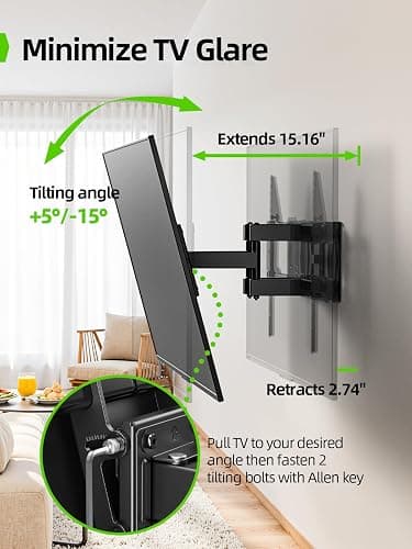 USX MOUNT Full Motion TV Mount for 42-80 Inch Flat Screen TVs up to 120 lbs, Swivel TV Wall Mount Bracket Dual Articulating Arms, Tool-Free Tilt Max Vesa 600x400mm, for 8-16 in Wood Studs thumbnail 4