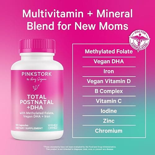 Pink Stork Total Postnatal Vitamin & DHA: Postpartum Multivitamin with Iron, B-Complex, & Folate, Breastfeeding Vitamins for Moms, Post Pregnancy Prenatal Vitamin, Women-Owned, 60 Capsules thumbnail 2