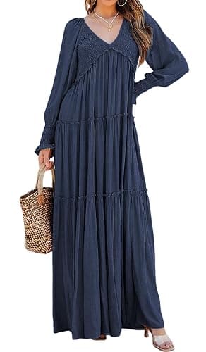 R.Vivimos Maxi Dress for Women Long Sleeve V Neck Empire Waist Layered Ruffle Boho Casual Flowy Long Dresses - Image 1