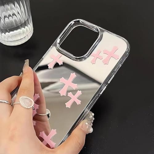 xoniery Compatible with iPhone 15 Cute Glossy Mirror Back Case,Cross Pattern,Senior Shockproof Protection for iPhone 15 Case for Women Girls-Pink thumbnail 7