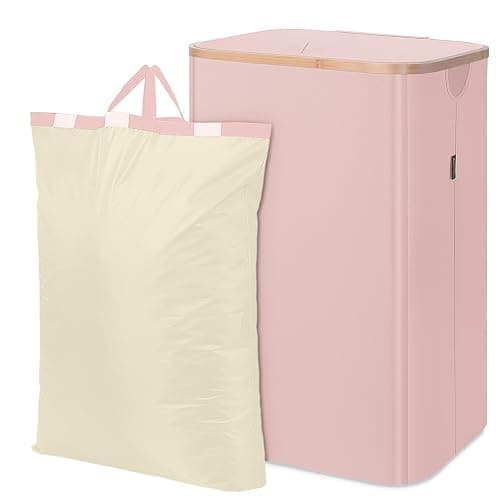 BALEINE Laundry Hamper with Lid, Tall Laundry Baskets with Bamboo Pull Handles, Large Laundry Bin with Internal Support (26 Gal/100L, Pink) - Image 1