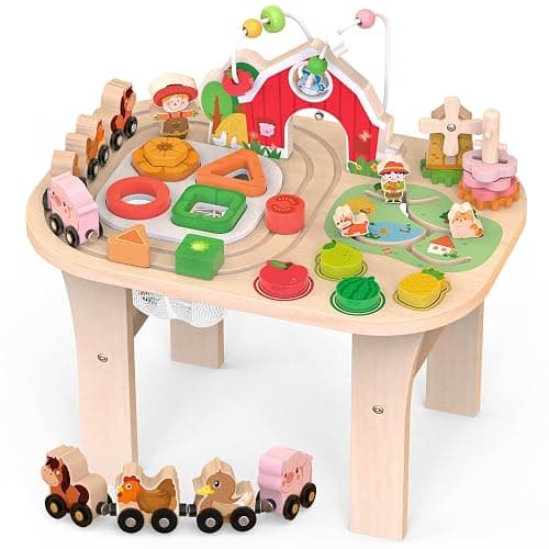 Kids Wooden Farm Activity Table for 1 2 3 Years Old, Montessori Learning Toy with Bead Maze, Shape Sorter & Animal Train, Sensory Development Toy for Toddlers, Educational Gift for Baby Boys Girls 1+ - Image 1