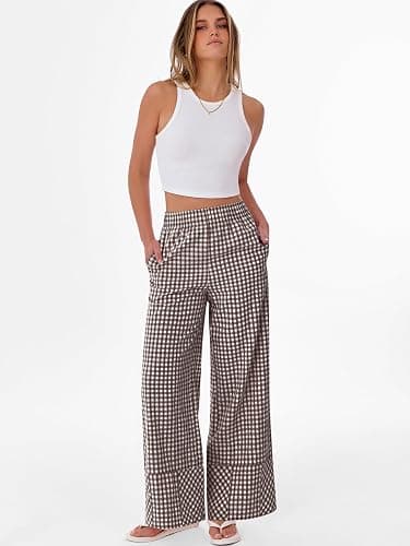 ANRABESS Womens Gingham Striped Wide Leg Palazzo Lounge Pants with Pockets | Checkered & Plaid PJ Pajama, Casual & Cute Boxer Bottoms, Elastic Waist Trousers with Pockets, Comfy Fall Outfits thumbnail 2