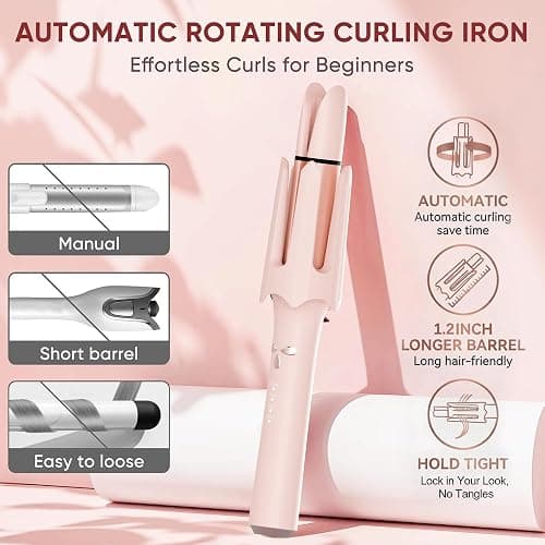 Auto Rotating Hair Curler - 4 Temperature and Timer Settings, Automatic Curling Iron with Automatic Shut-Off, Anti-Tangle and Scalding, Curling Wand for Long Lasting Curls (Pink) thumbnail 2
