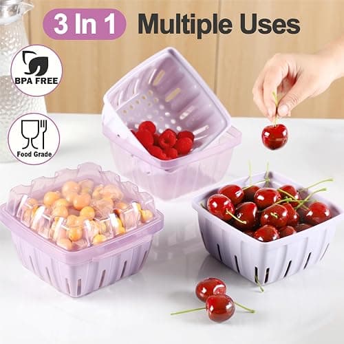 CUISITOOL Berry Basket, 3-in-1 Berry Keeper Box, 1 Quart Vented Plastic Berry Containers for Fridge, Fruit Colander for Strawberry Blueberry Raspberry, Reusable for Farmer Market Grocery thumbnail 4