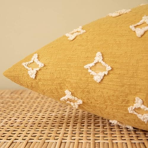 EMEMA Fall Mustard Yellow Decorative Throw Pillow Covers Rhombic Jacquard Pillowcase Cushion Case Square for Couch Sofa Bed Living Room Bedroom Set of 2, 18x18 Inch thumbnail 2