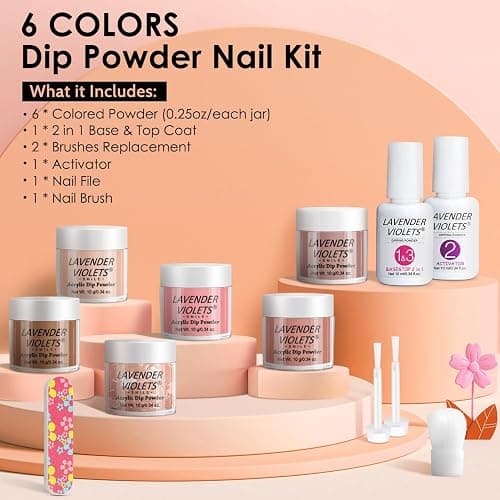 Lavender Violets 12Pcs Dip Powder Nail Kit - 6 Nude Pink Neutral Colors Dipping Powder System with Base & Top Coat Activator for French Manicure at Home M204 thumbnail 3