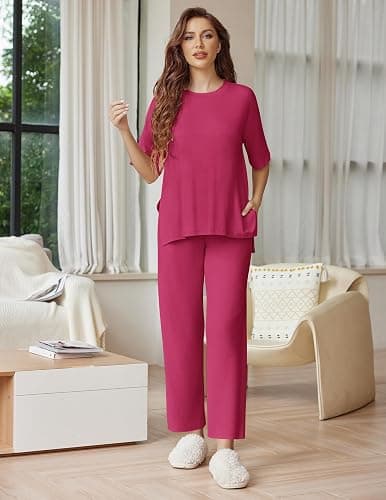 Ekouaer Lounge Sets for Women Short Sleeve Tops and Long Pants Soft Comfy Pajamas Set 2 Piece Outfits thumbnail 3