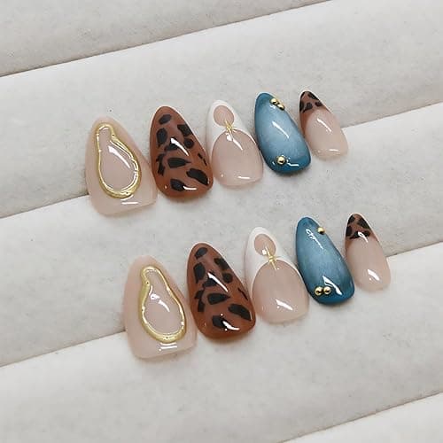 24 Pcs Almond Press on Nails Medium Fake Nails with Glue French Tip False Nails with Brown Leopard Pattern Design Artificial Acrylic Nails Press ons Reusable Almond Nail Holiday Glue on Nail for Women thumbnail 4