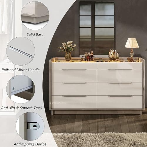 AMERLIFE 47.2" W 8-Drawer Dresser with Glass Top, High Gloss, Cream & Grey | Wide Dresser, 2 Jewelry Drawers, LED Lighting, Spacious Storage Chest, Bedroom Organizer thumbnail 7
