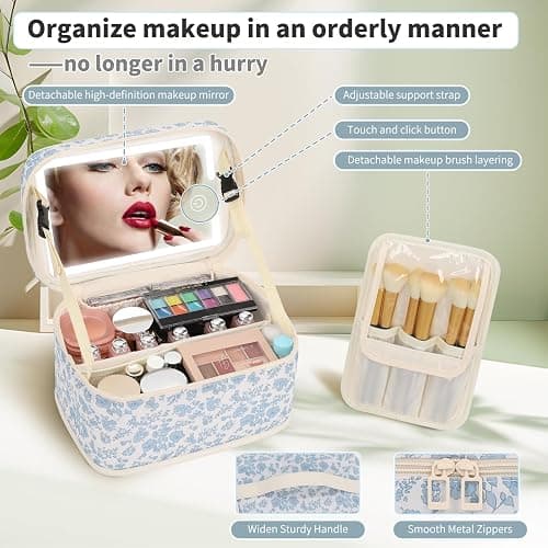 Makeup Bag With LED Mirror, Lightweight Travel Makeup Bag With 3 Color Setting Light Up Mirror Cosmetic Makeup Organizer Vanity Case for Women Beauty Tools Accessories Rechargeable Train Case-Floral thumbnail 4
