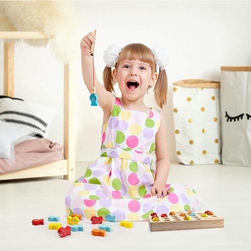 Coogam Wooden Magnetic Fishing Game, Fine Motor Skill Toy ABC Alphabet Color Sorting Puzzle, Montessori Letters Cognition Preschool Gift for Years Old Kid Early Learning with 2 Pole thumbnail 2