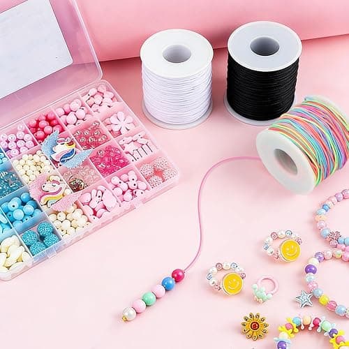 Pluralla 1mm Elastic Bracelet String 4 Rolls Strong Stretch Cord 660FT | Durable Elastic Cord, Black White 2 Rainbow, Easy Knotting, Fits Most Bead Sizes, for DIY Bracelet Necklaces Making and Kandi thumbnail 2