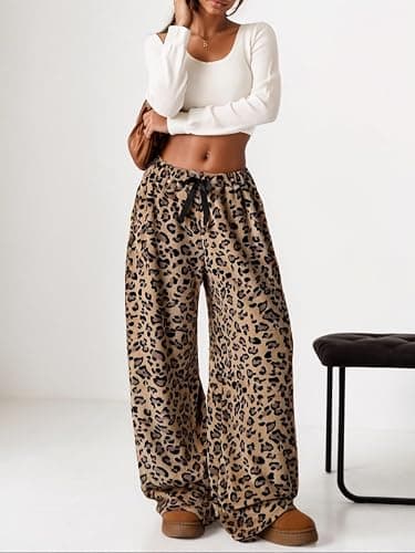 VCM Leopard Print Pants Y2k High Waisted Baggy Trousers Drawstring Fluffy Cheetah Fuzzy Pajama Sleepwear thumbnail 2
