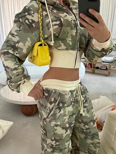 Gugujing 2 Piece Camouflage Tracksuit Set For Women,Long Sleeve Hooded Top With Wide Leg Pants,Casual Zipper Sweatsuit thumbnail 3